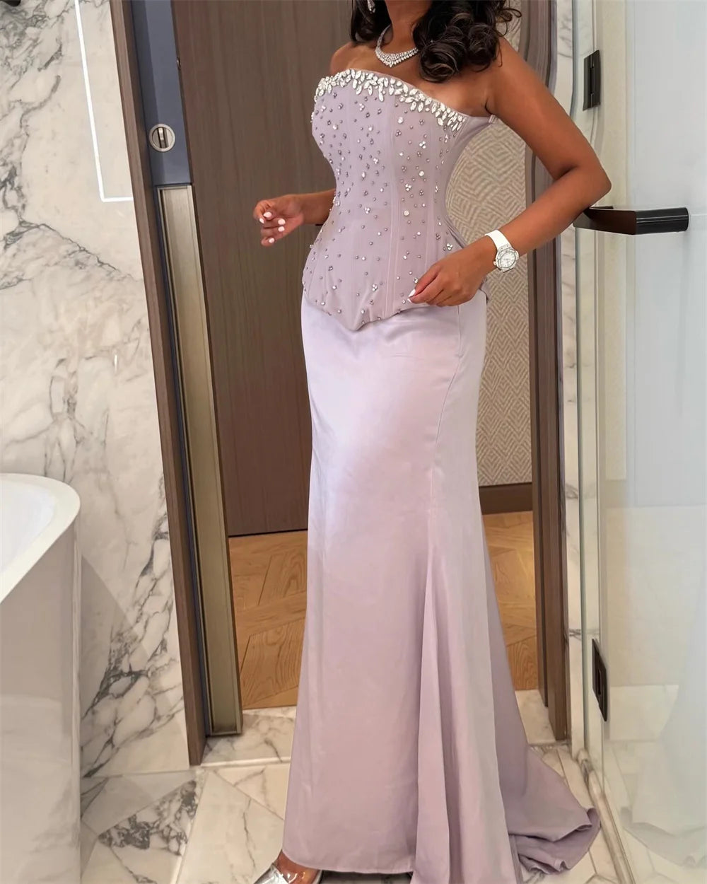 Purple Strapless Rhinestones Dress