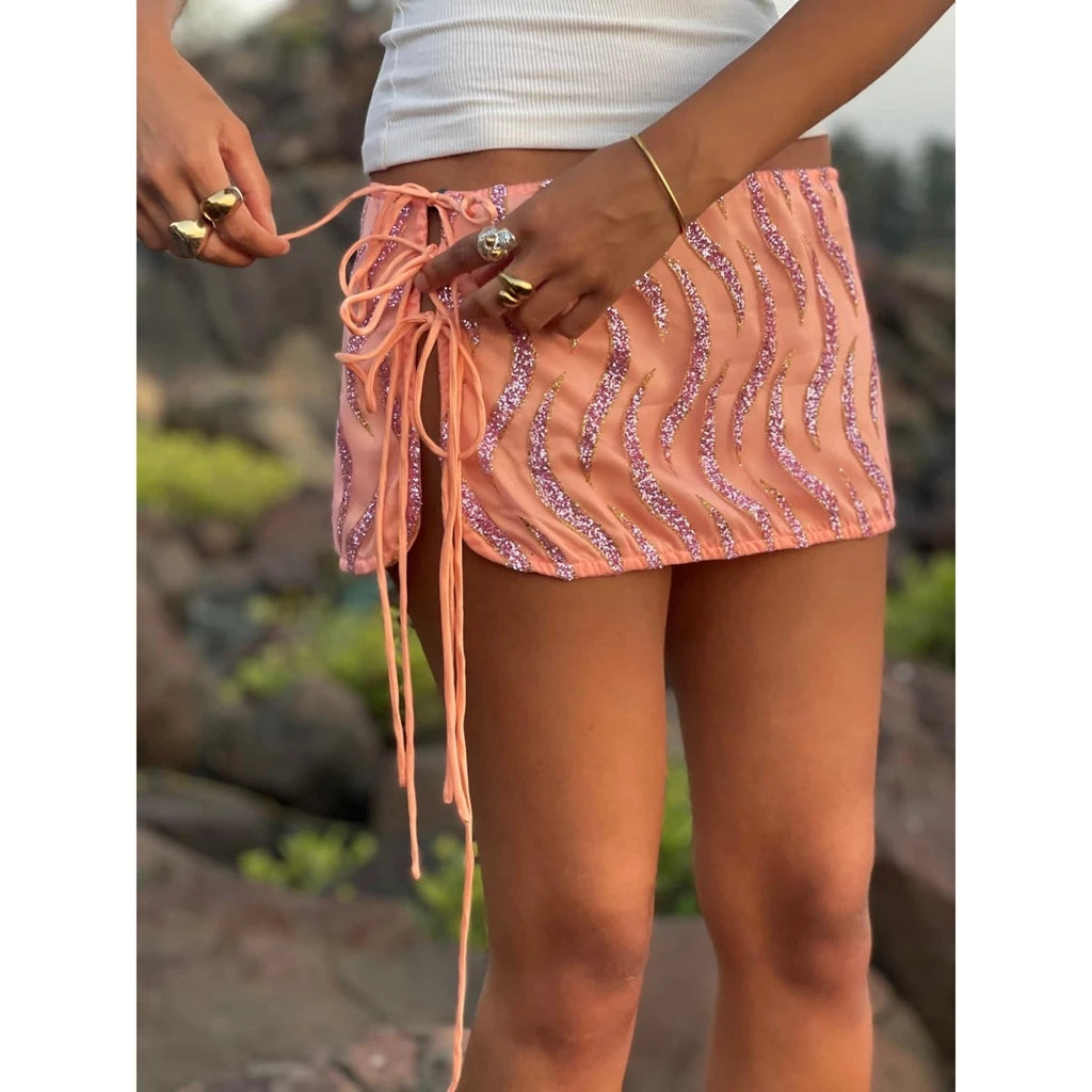 Split Tied Side Hollow Out Mini Skirt