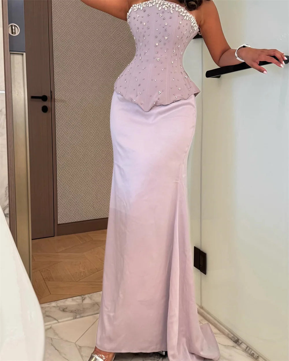Purple Strapless Rhinestones Dress