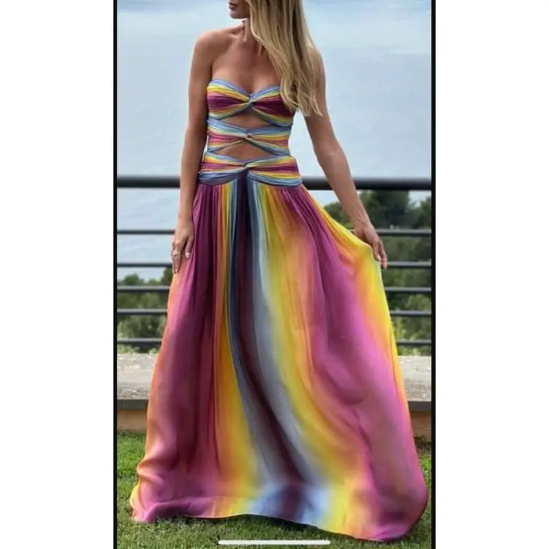 Striped Tie-dye Color Twisted Tube Long Dress