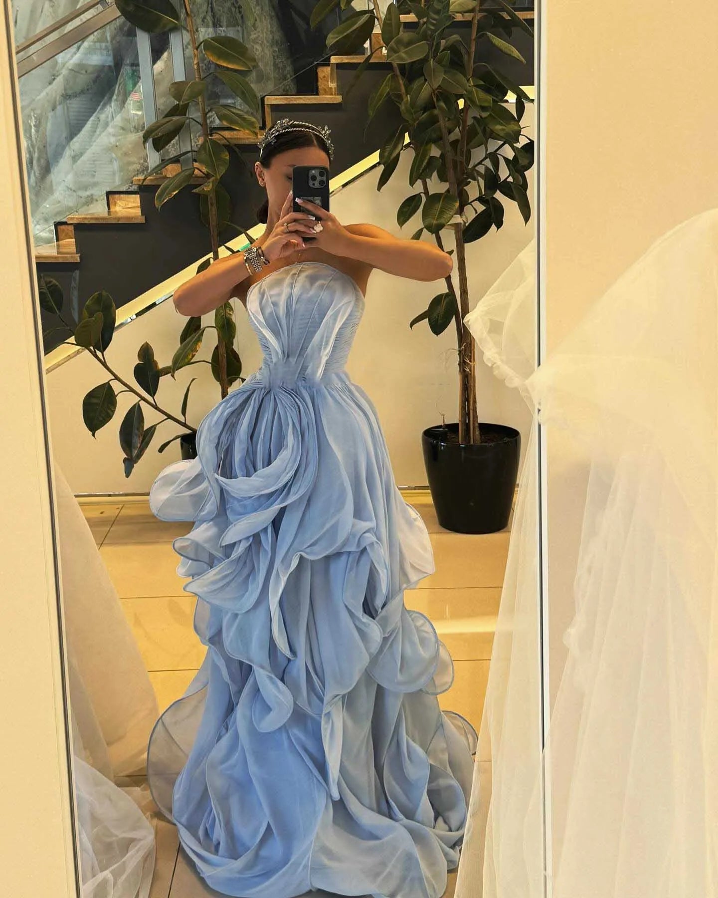 Blue Ruffles Long Evening Dress