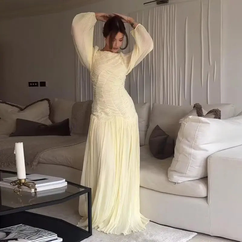 pleated long-sleeved dress
