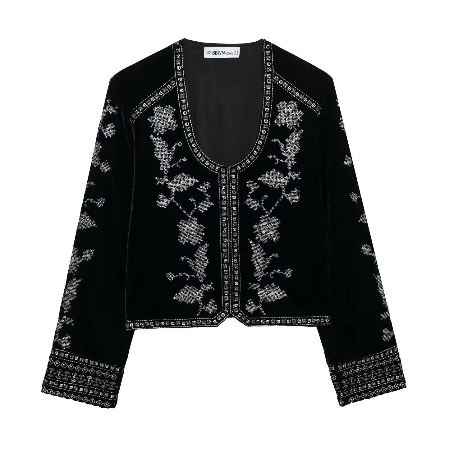 Floral Embroidery Short Velvet Coat