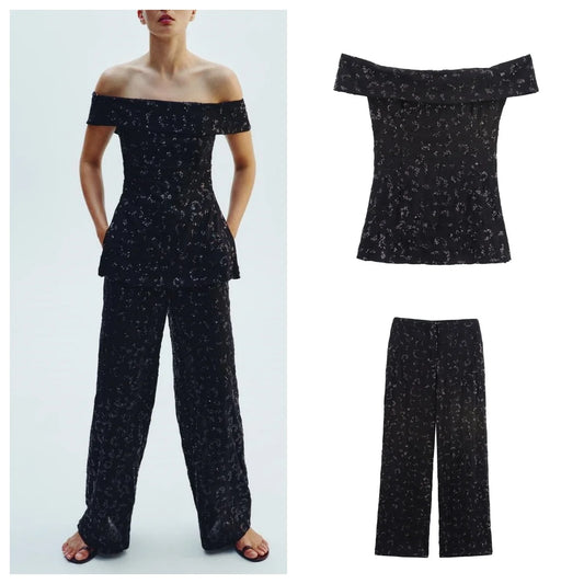 suit sequined tube top with high waist straight pants