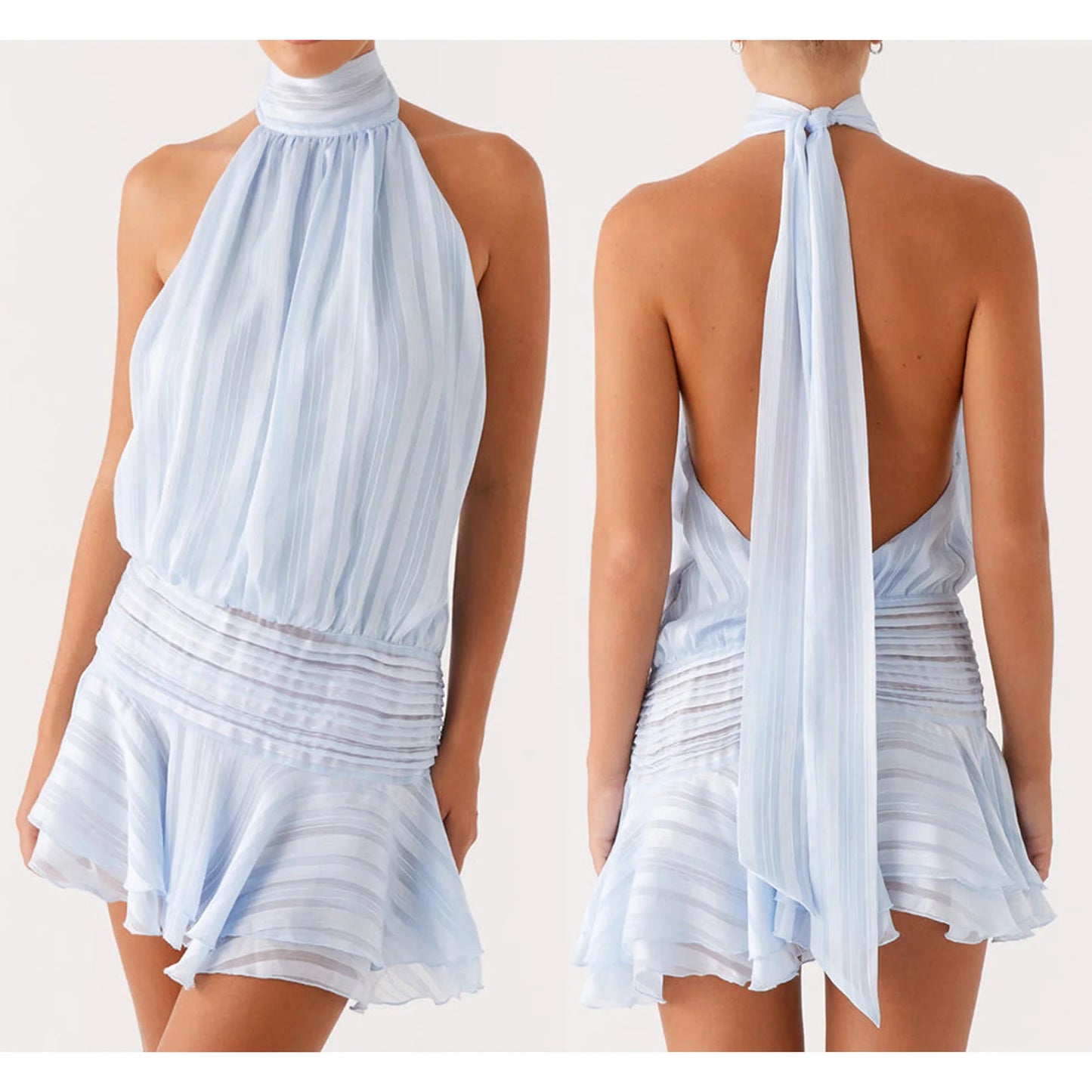 Choker Neck Pleated Low Waist Mini Dress
