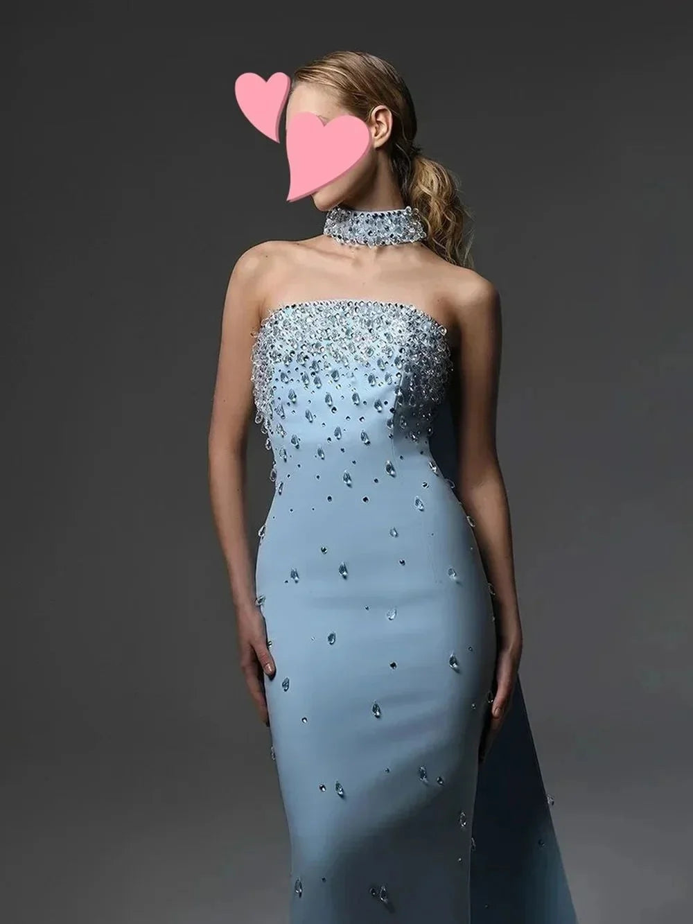 Blue Halter Strapless Rhinestones Dress