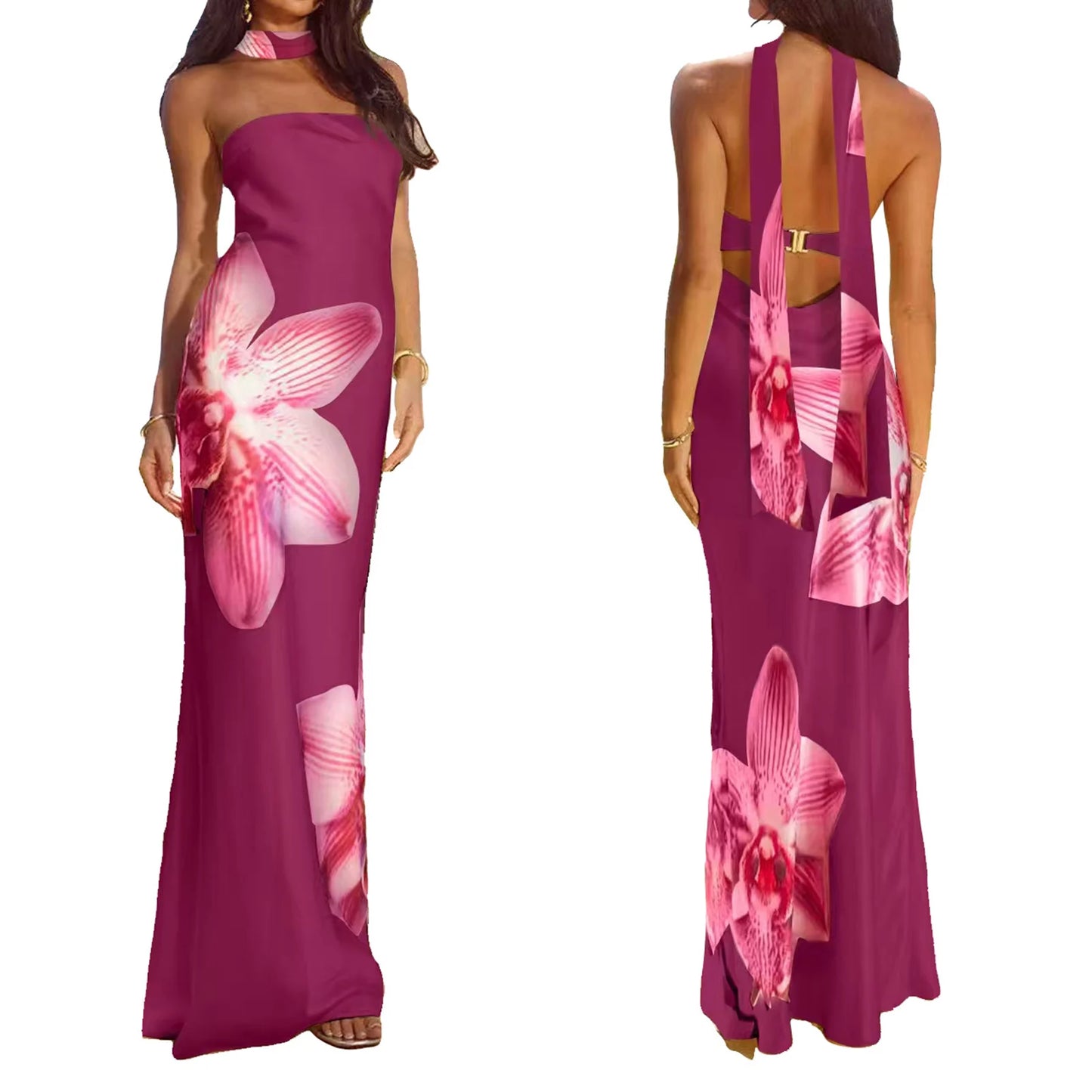 Satin Flower Long Tube Dress with Scarf