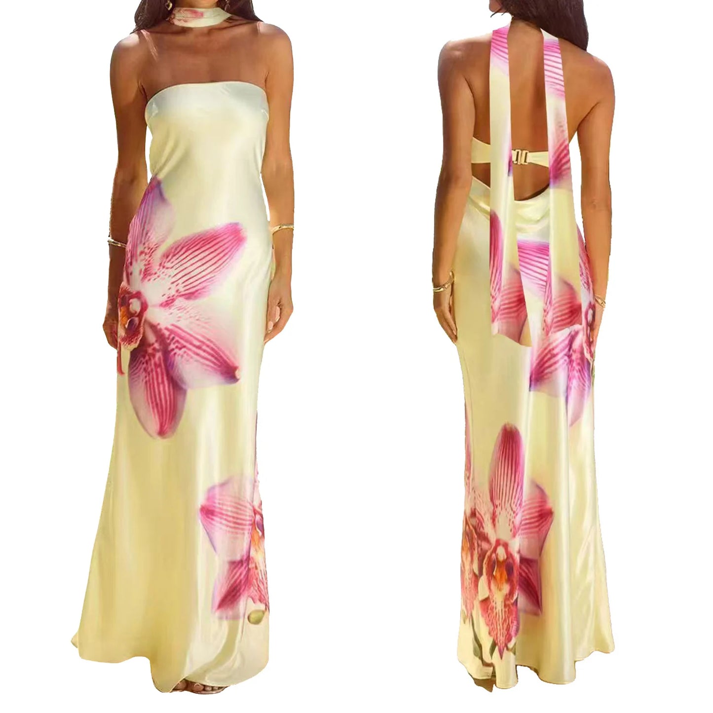 Satin Flower Long Tube Dress with Scarf