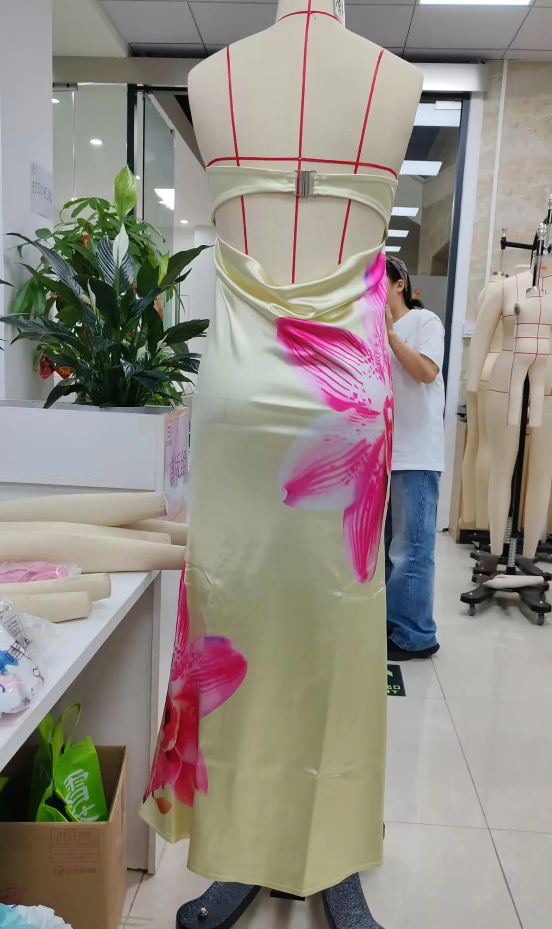 Satin Flower Long Tube Dress with Scarf