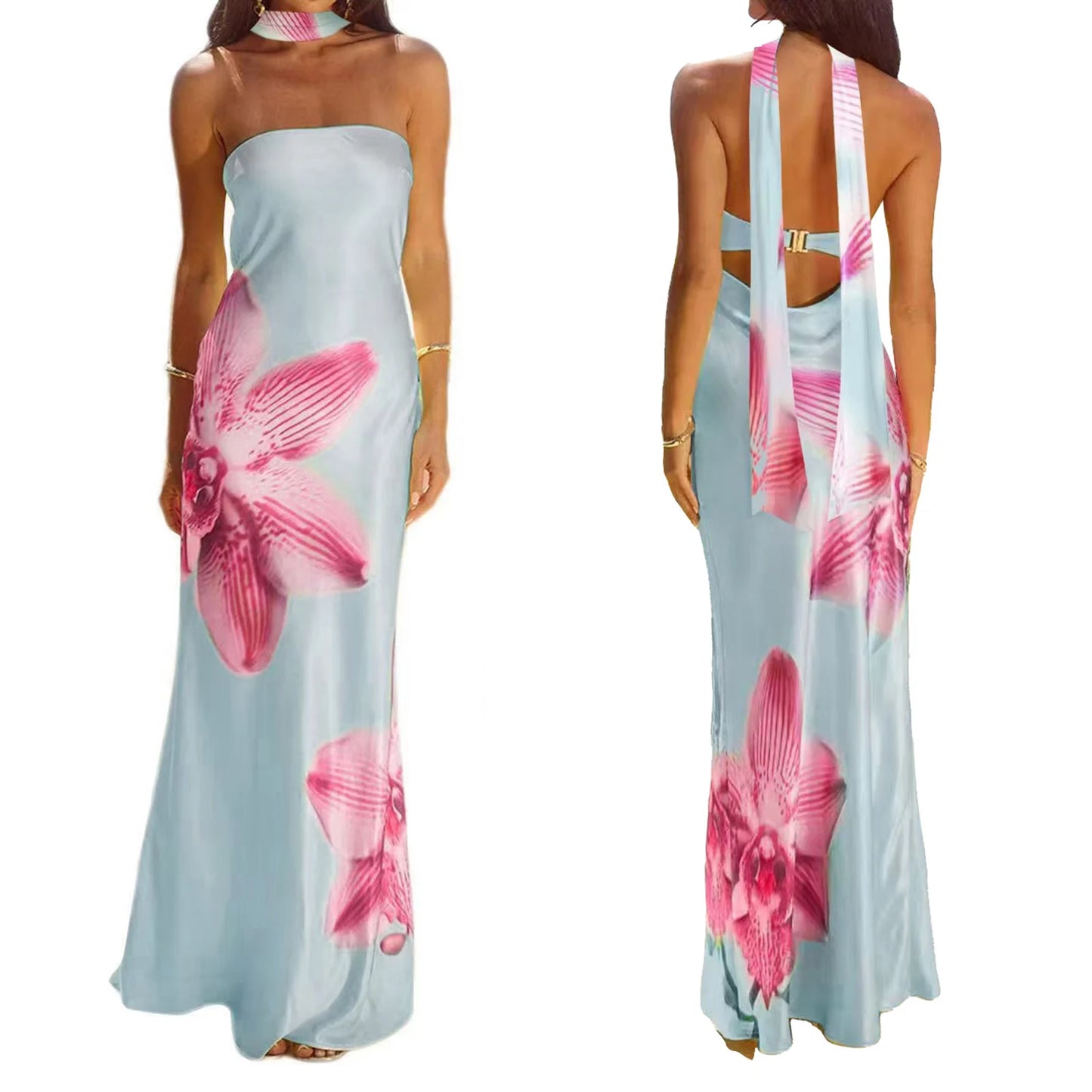 Satin Flower Long Tube Dress with Scarf