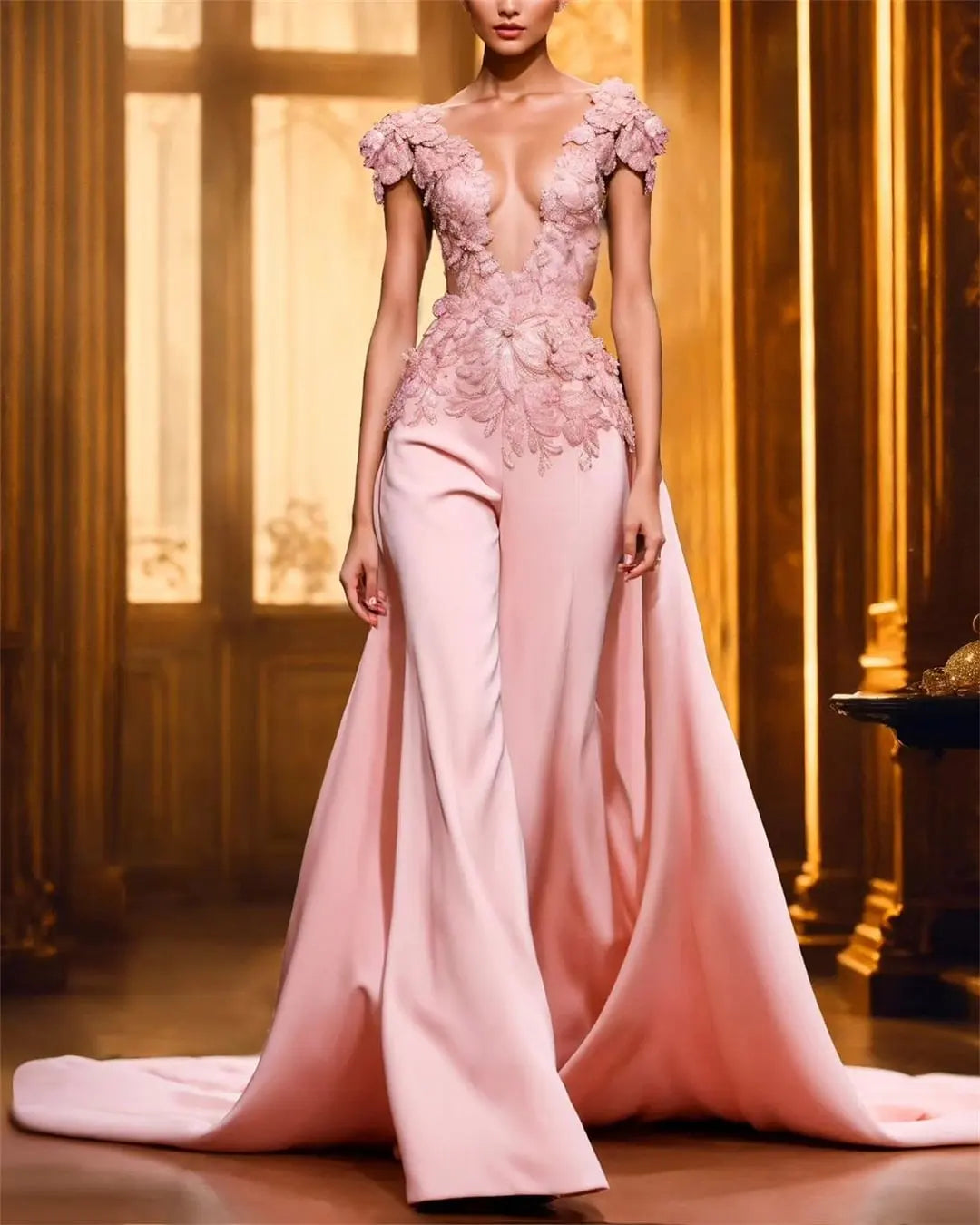 Pink Embroidery Lace Formal Jumpsuit