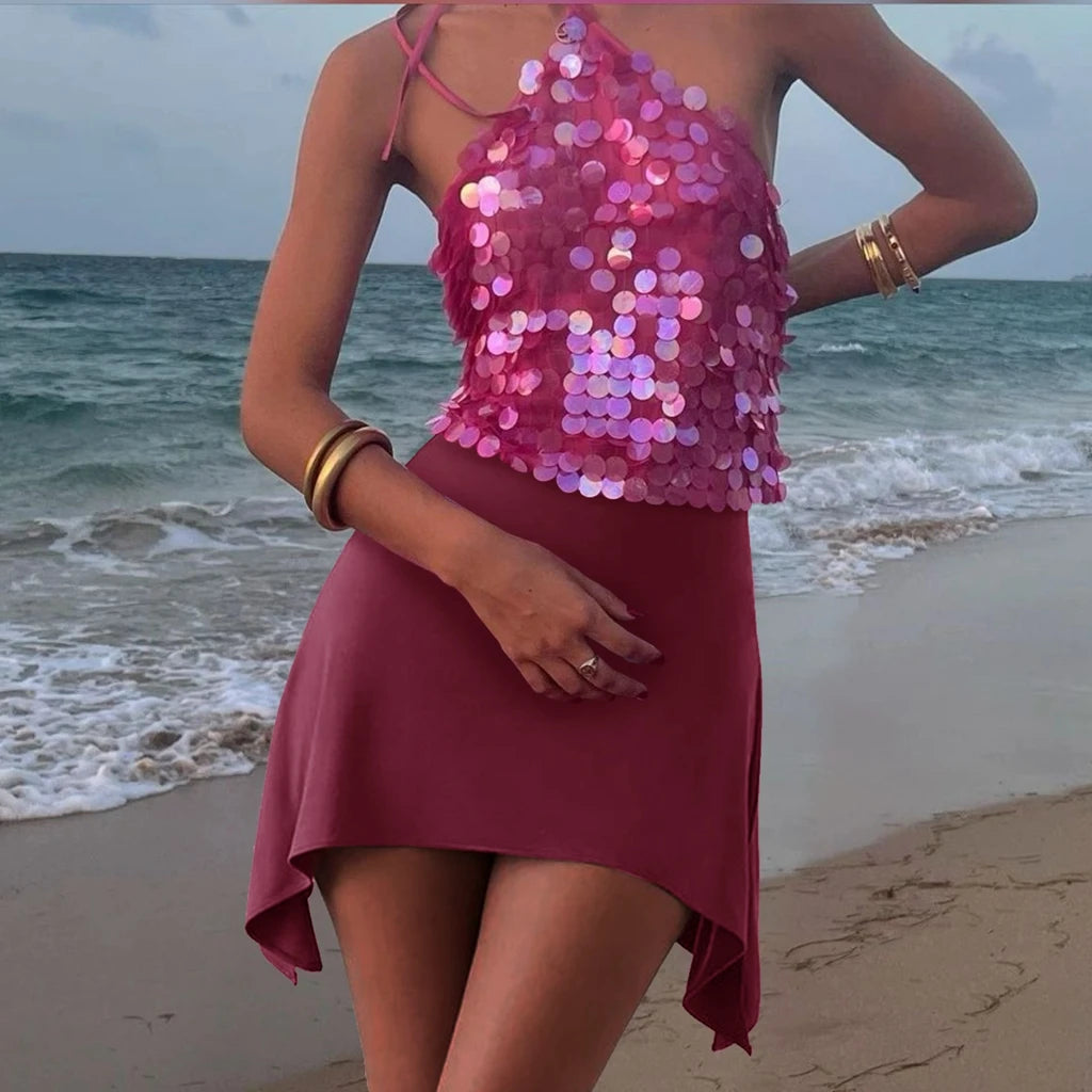 Glitter Sequins Halter Neck Tank Top