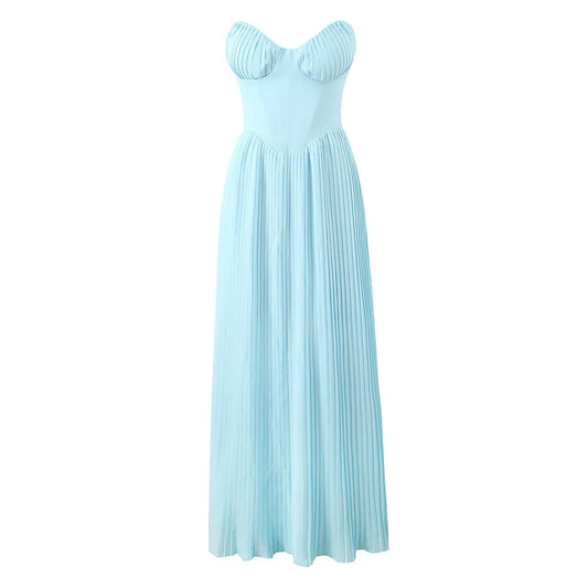 one-shoulder dress with pleated skirt