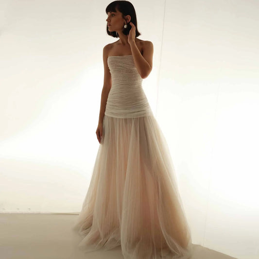 Beige Pleated Tulle Dress