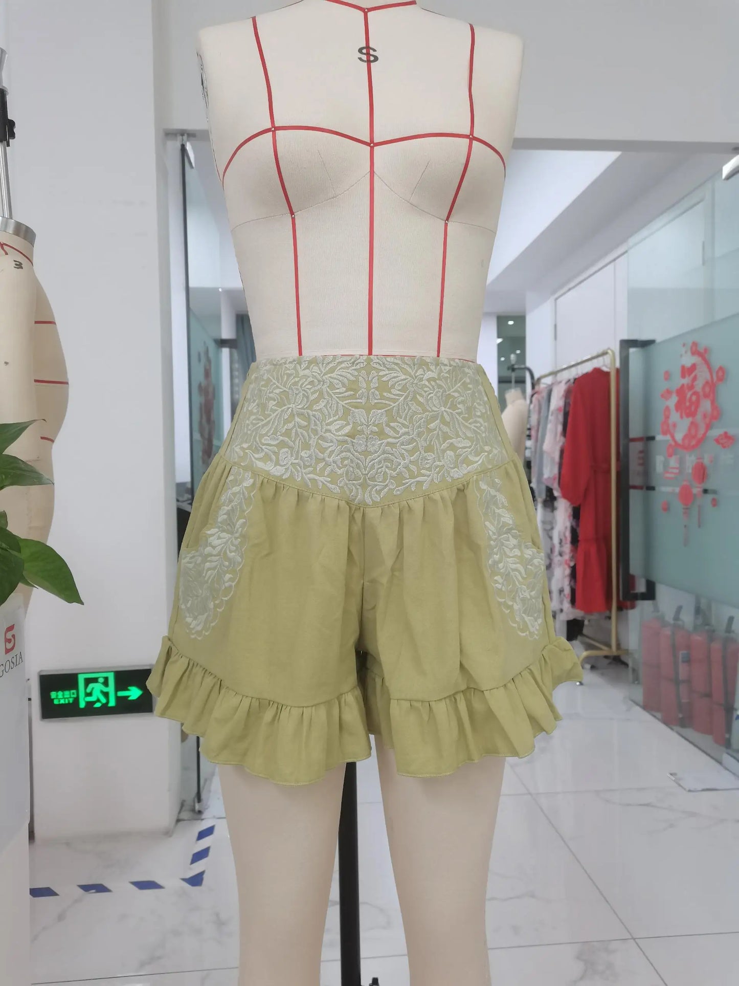 High Waist Flower Embroidery Shorts