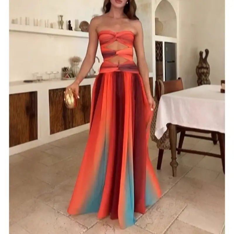Striped Tie-dye Color Twisted Tube Long Dress