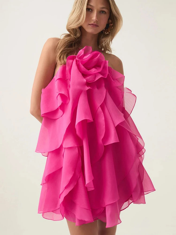 Flounce Splicing Backless Halter Dress