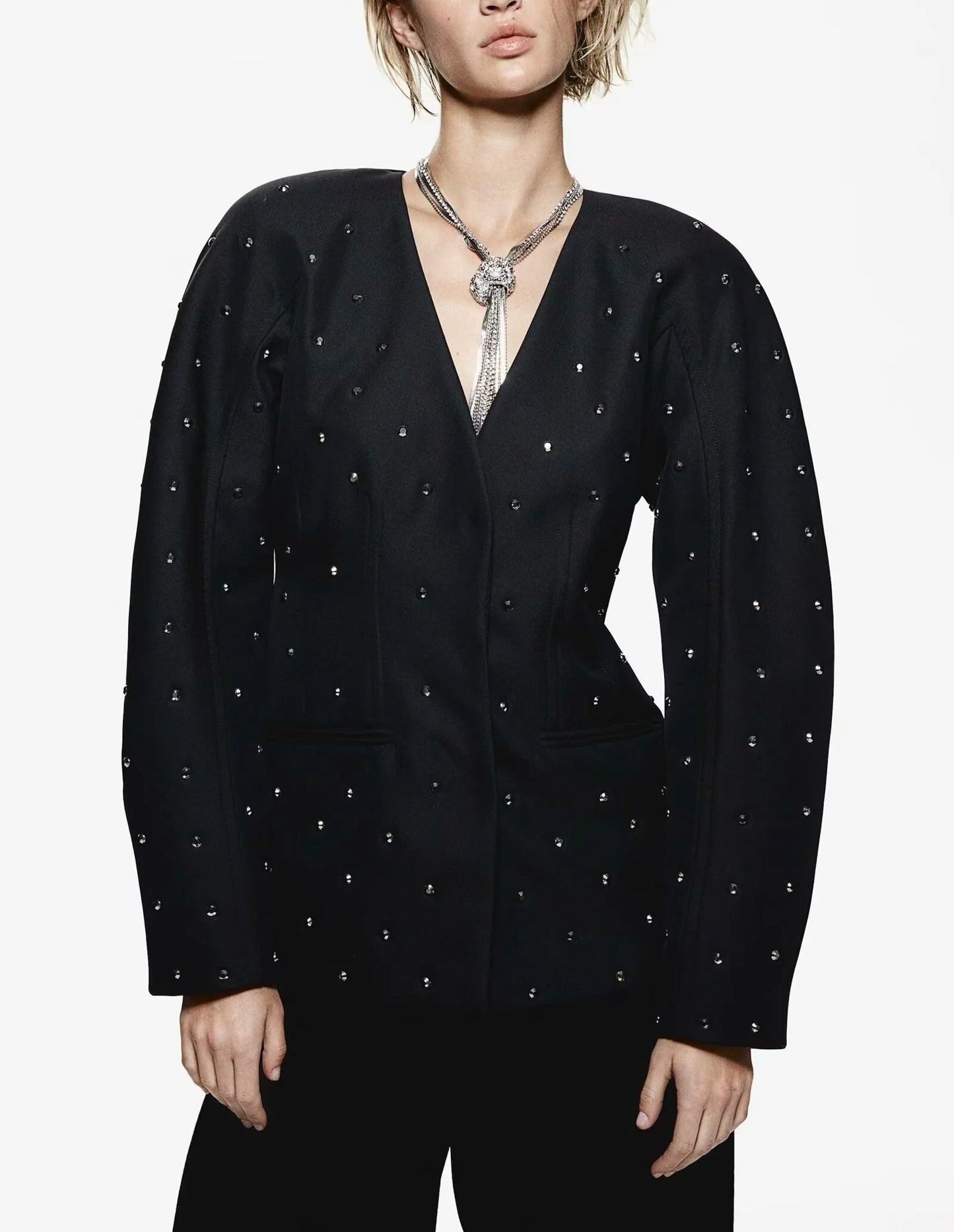diamond-studded high-end V-neck slim jacket