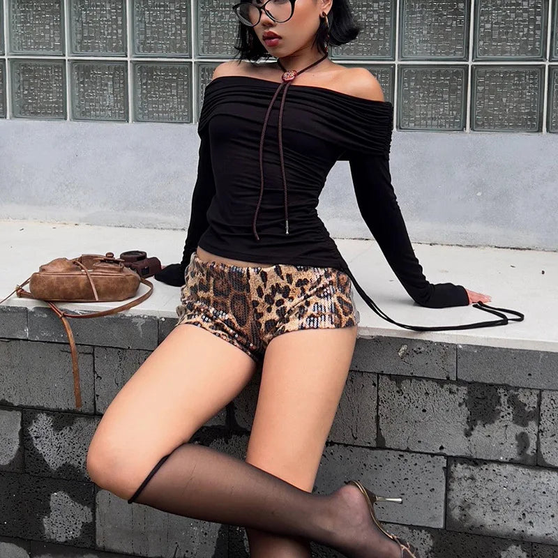 Shiny Sequined Leopard Low Waist Shorts