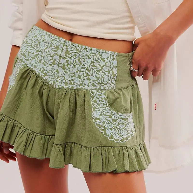 High Waist Flower Embroidery Shorts