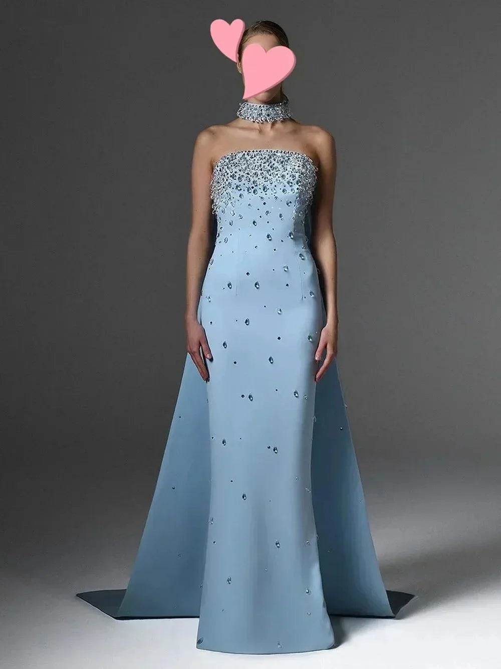 Blue Halter Strapless Rhinestones Dress