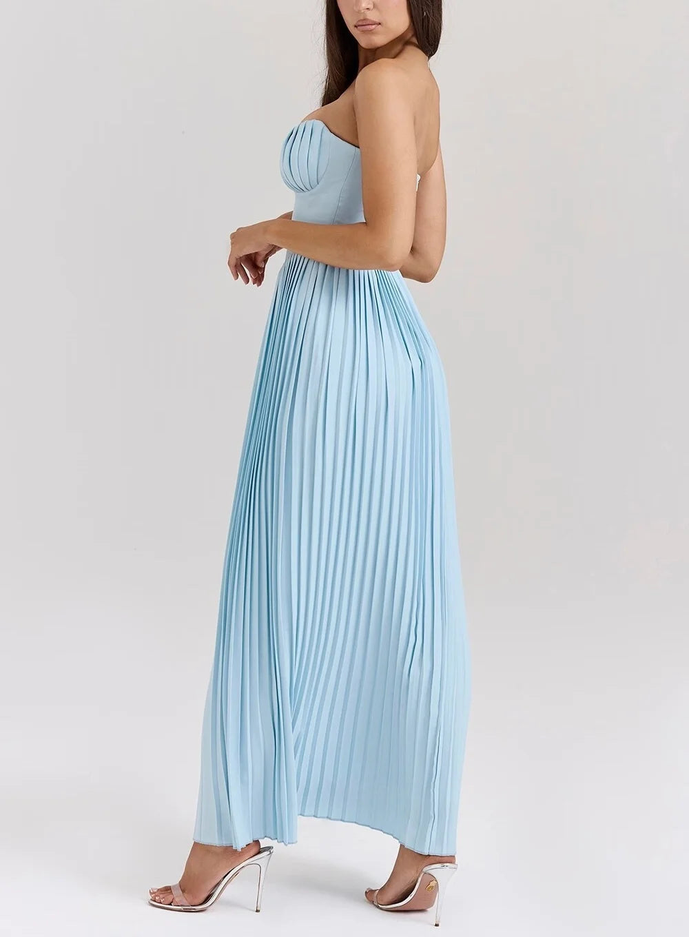 one-shoulder dress with pleated skirt