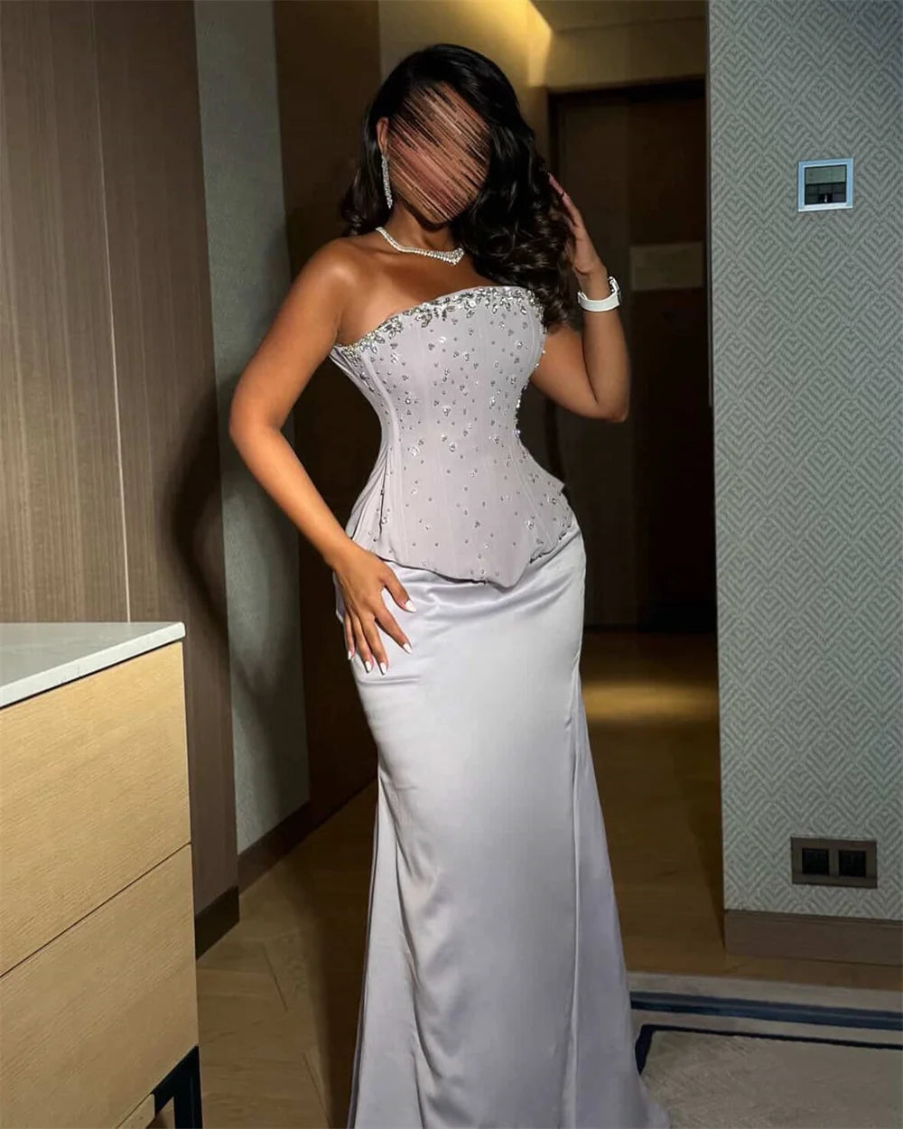 Purple Strapless Rhinestones Dress