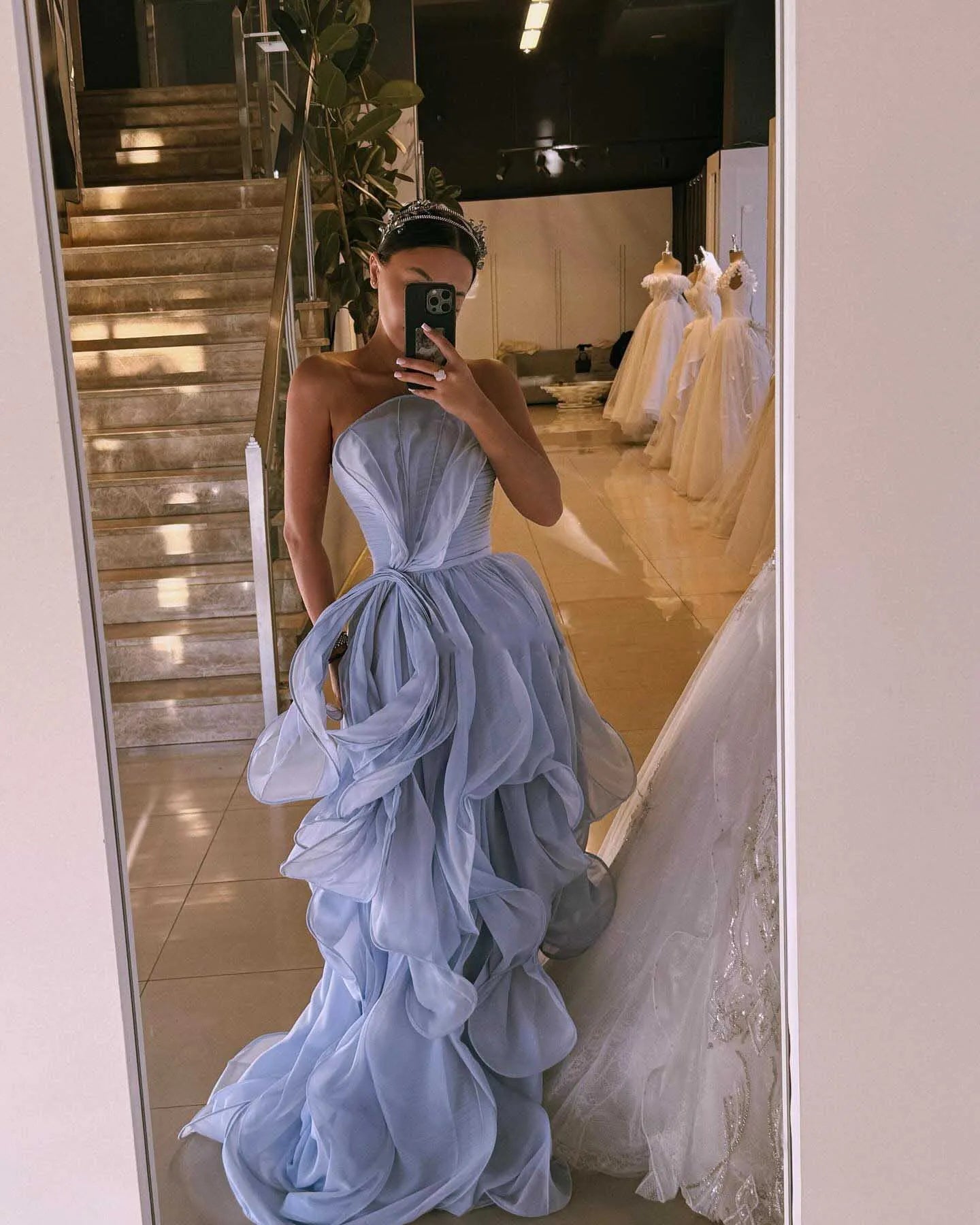 Blue Ruffles Long Evening Dress