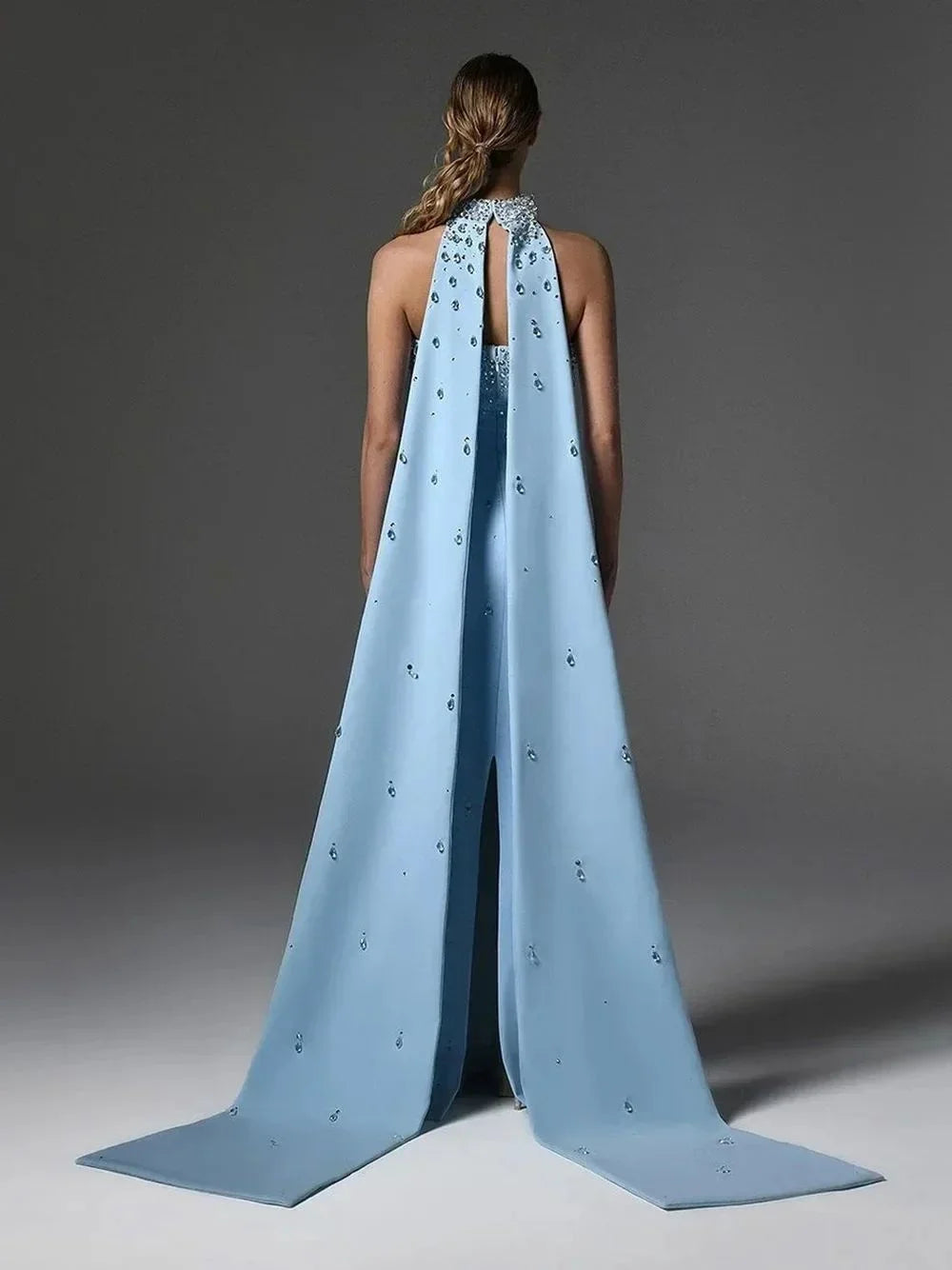 Blue Halter Strapless Rhinestones Dress