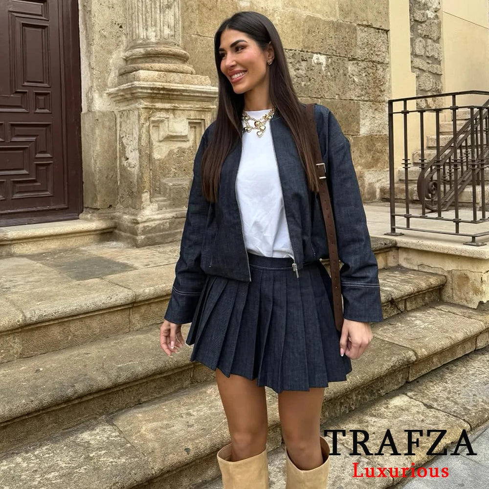 Bomber Jackets and Pleated Mini Skirt