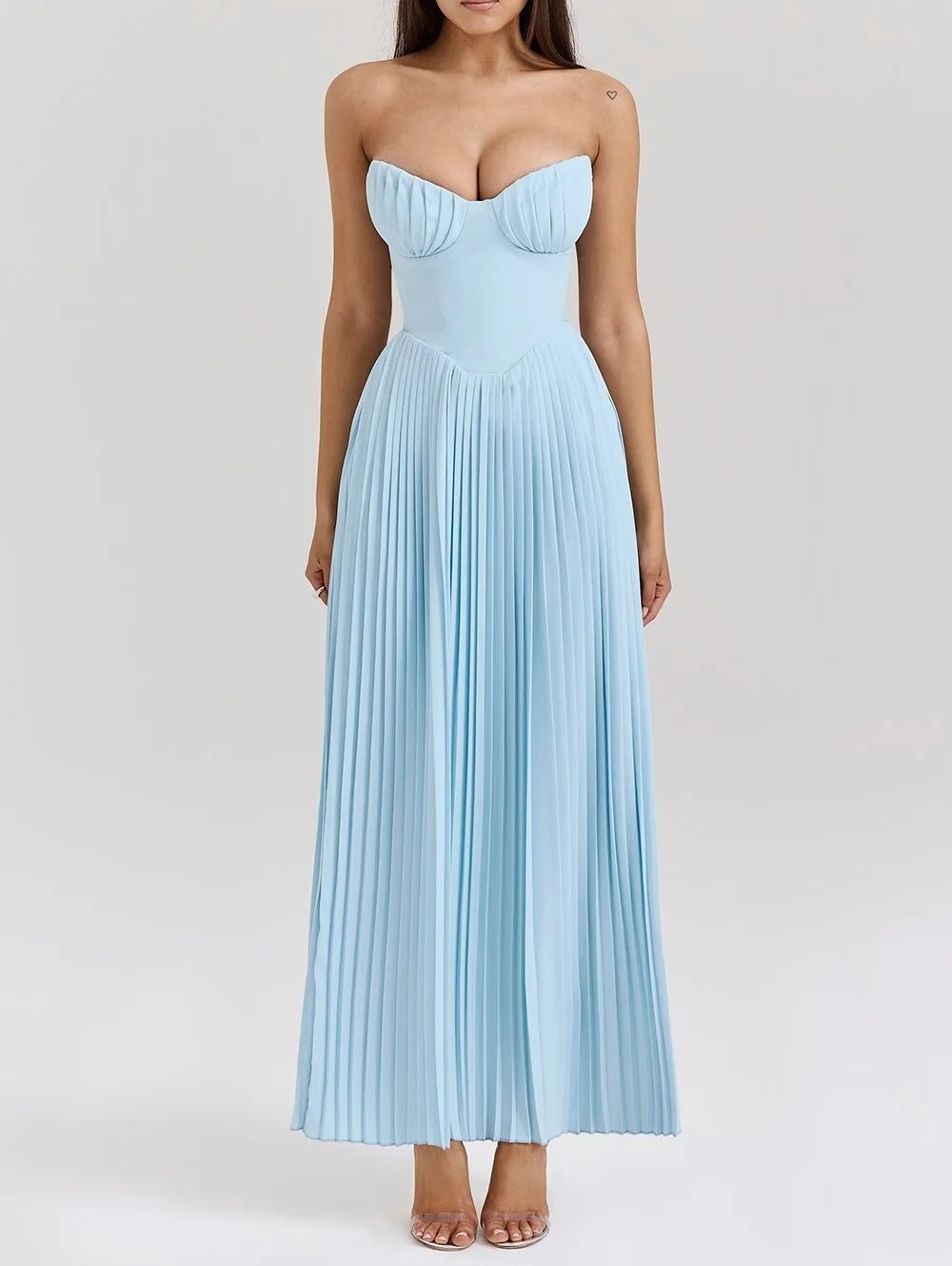 one-shoulder dress with pleated skirt