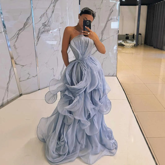 Blue Ruffles Long Evening Dress