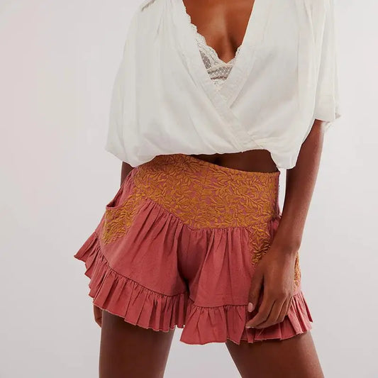 High Waist Flower Embroidery Shorts