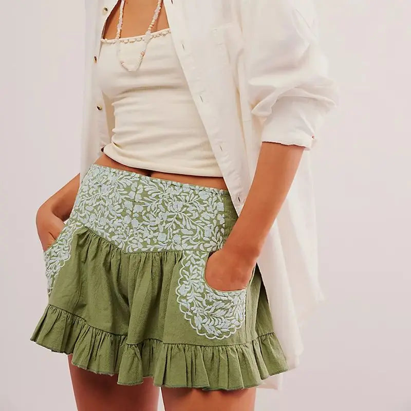 High Waist Flower Embroidery Shorts