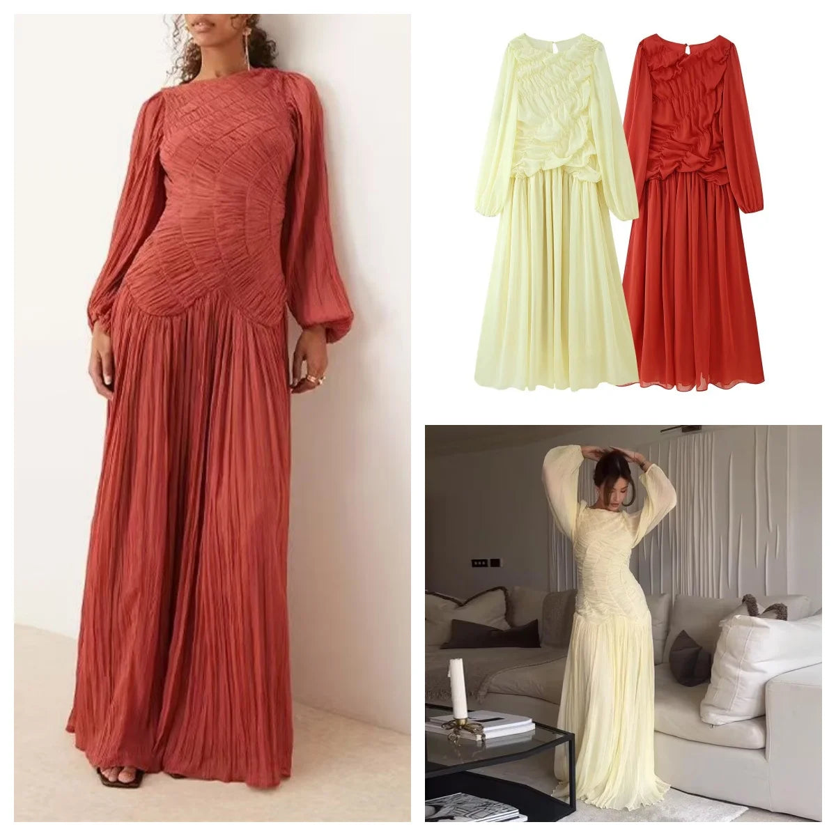 pleated long-sleeved dress
