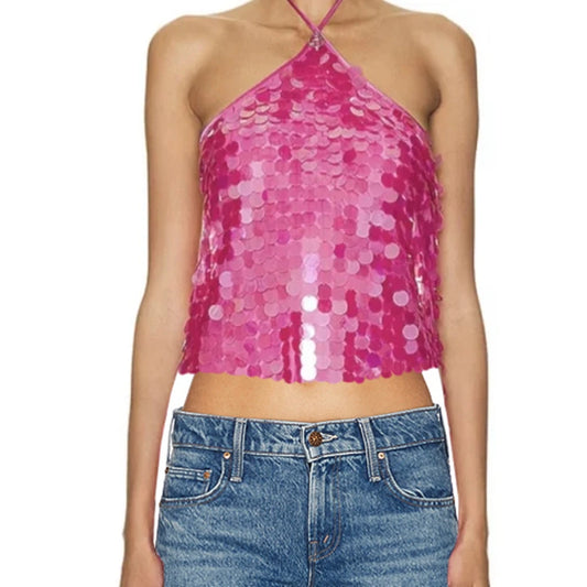 Glitter Sequins Halter Neck Tank Top