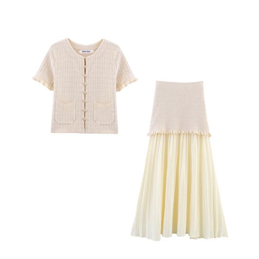 Short and Sleeve Knitted Cardigan Half Skirt Set