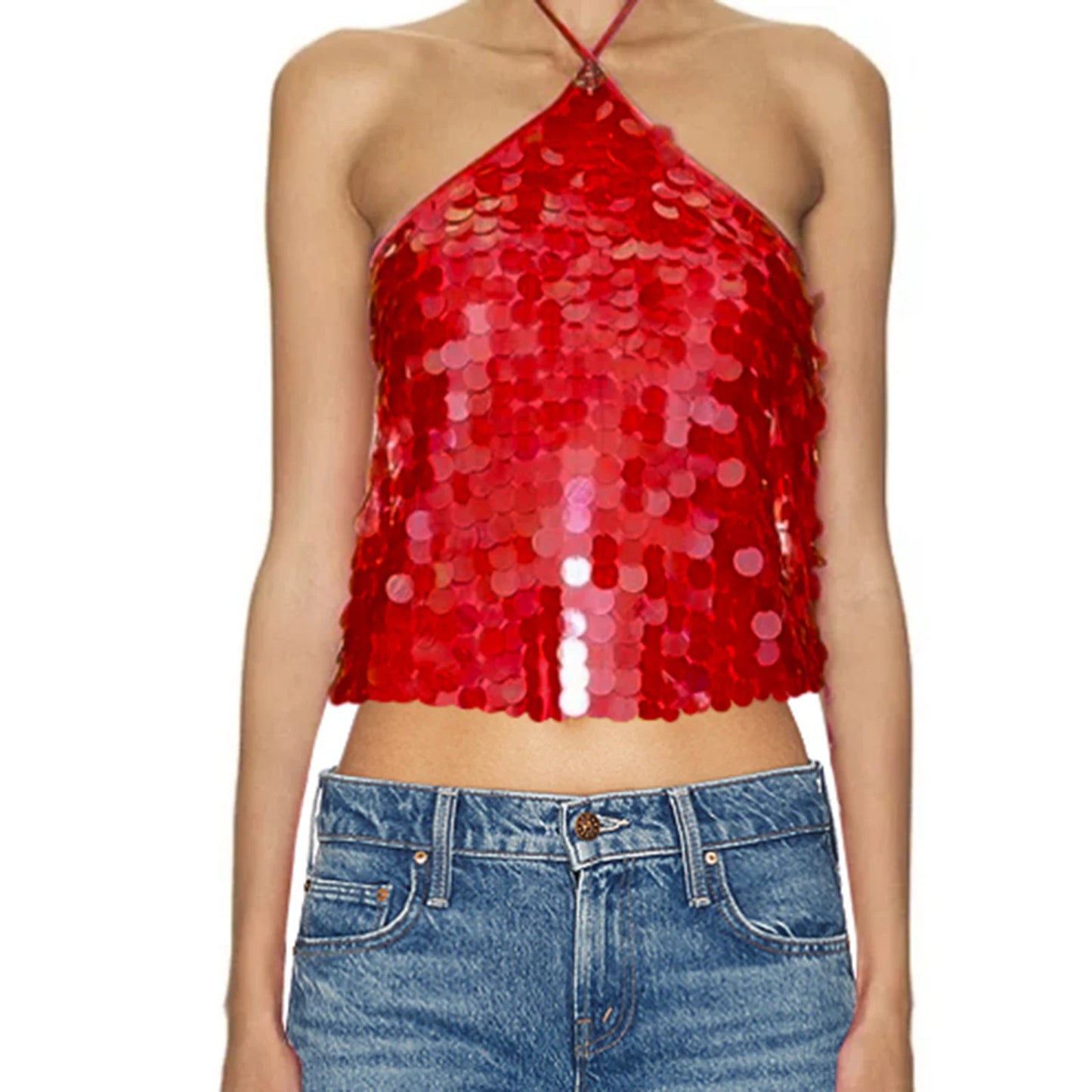 Glitter Sequins Halter Neck Tank Top