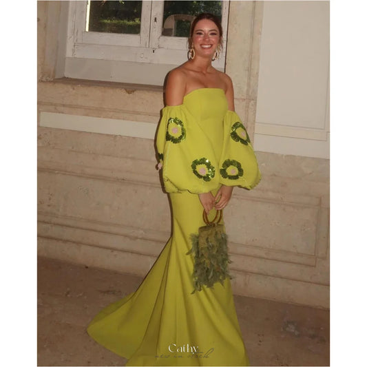 Yellow Off Shoulder Puff Sleeve Dress