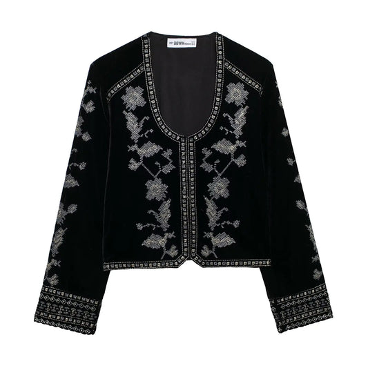 Floral Embroidery Short Velvet Coat