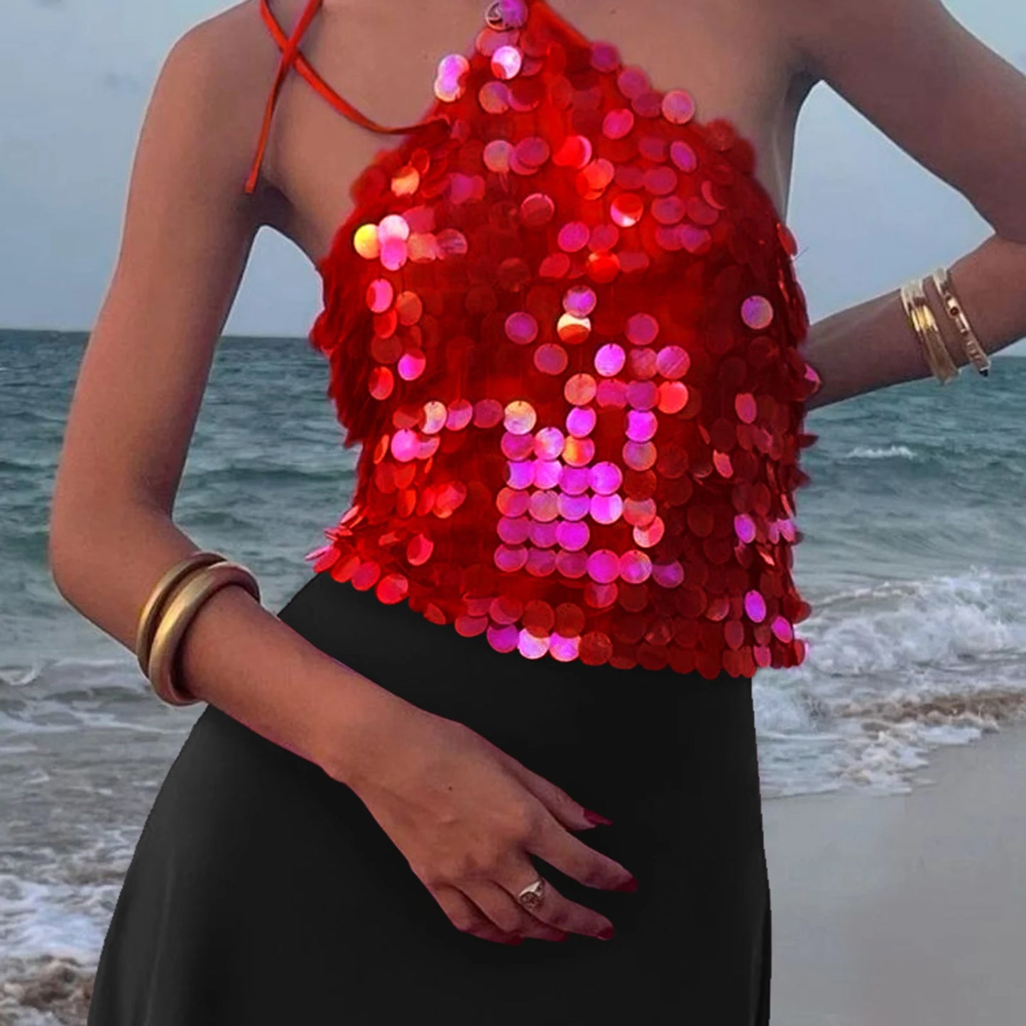 Glitter Sequins Halter Neck Tank Top