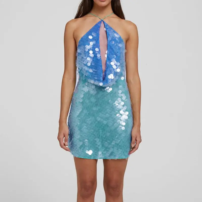 Halter Neck Sequins Mini Party Dress