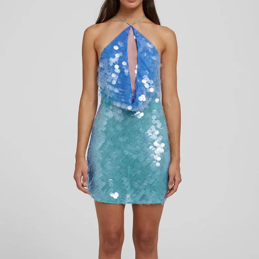 Halter Neck Sequins Mini Party Dress
