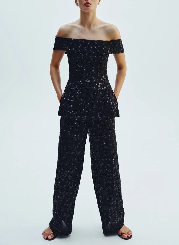 suit sequined tube top with high waist straight pants
