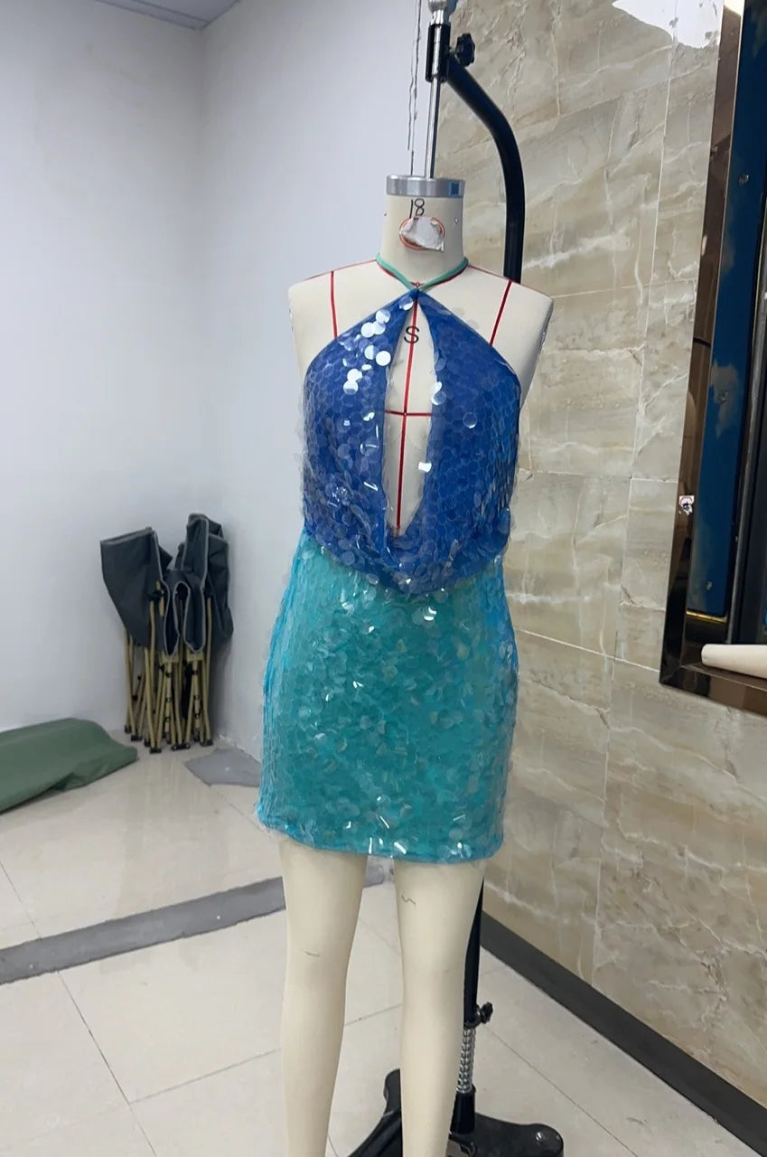 Halter Neck Sequins Mini Party Dress