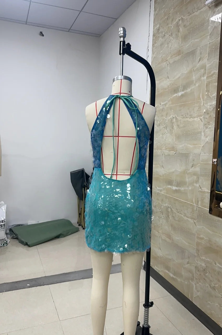 Halter Neck Sequins Mini Party Dress