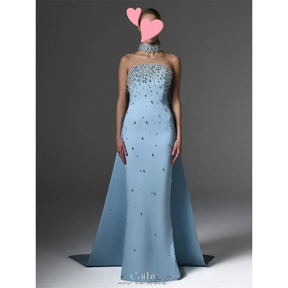 Blue Halter Strapless Rhinestones Dress
