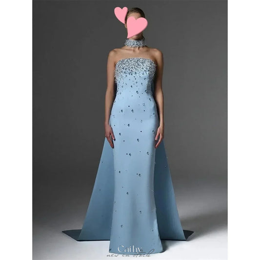 Blue Halter Strapless Rhinestones Dress