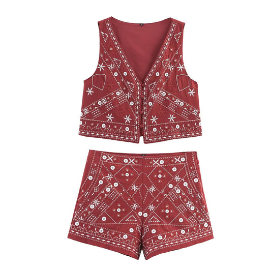 Embroidered vest and shorts set
