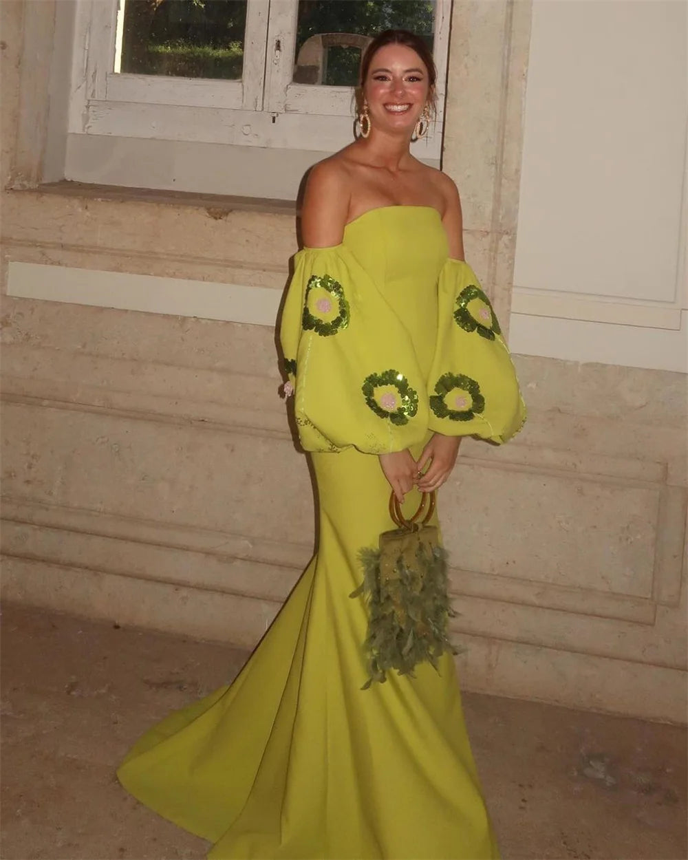 Yellow Off Shoulder Puff Sleeve Dress